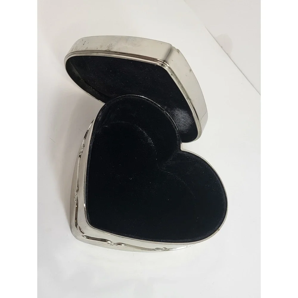 Things Remembered Heart Jewelry Box Silver Tone Rhinestone Enamel Photo Lid